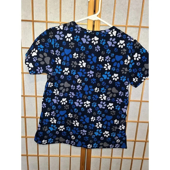 Wonder Wink Women's Size S Small Paw Prints Pet Paws Blue Stretch Scrub Top - Picture 2 of 9